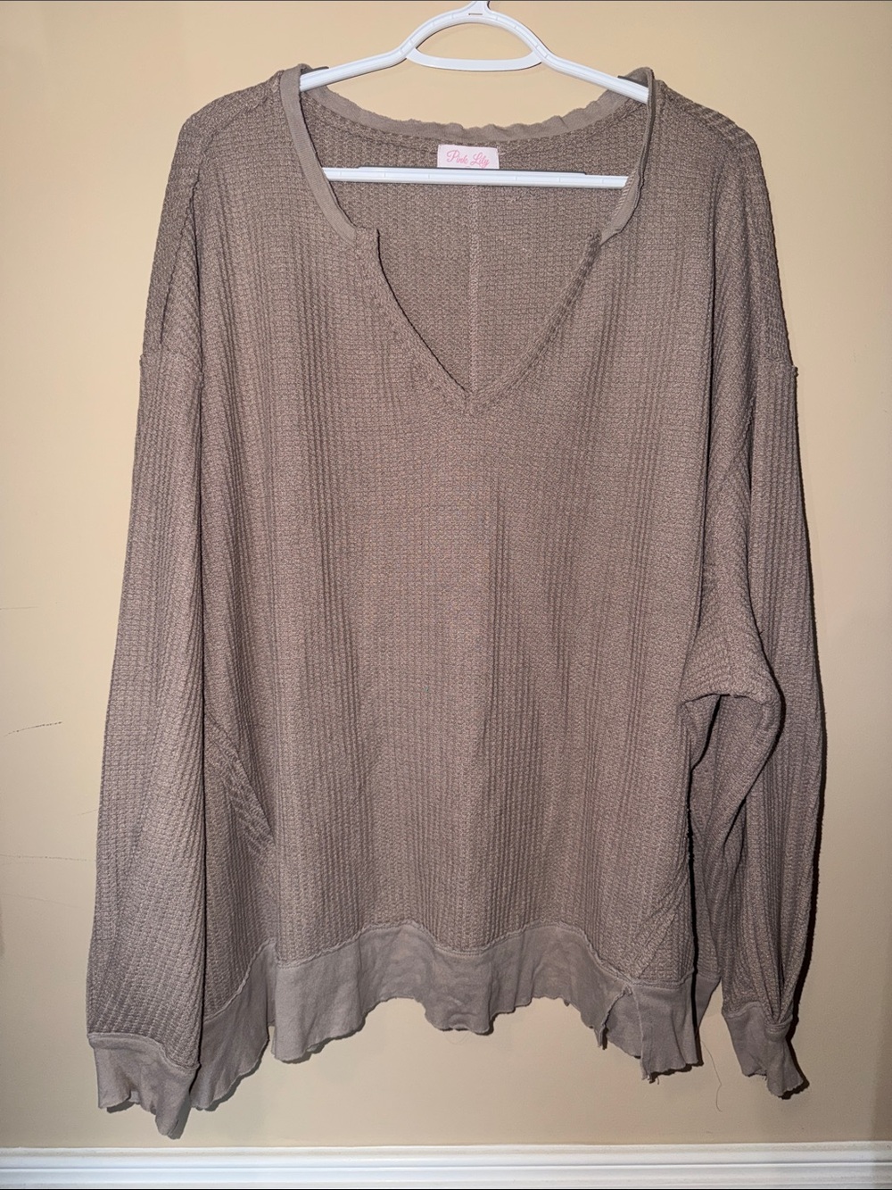Pink Lily Taupe Waffle-Knit V-Neck Sweater
